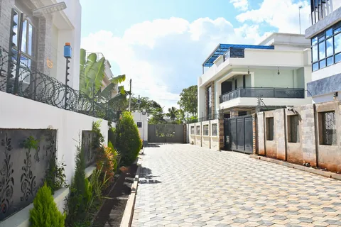 Crimson Bay villas with roof terraces along the paved estate road